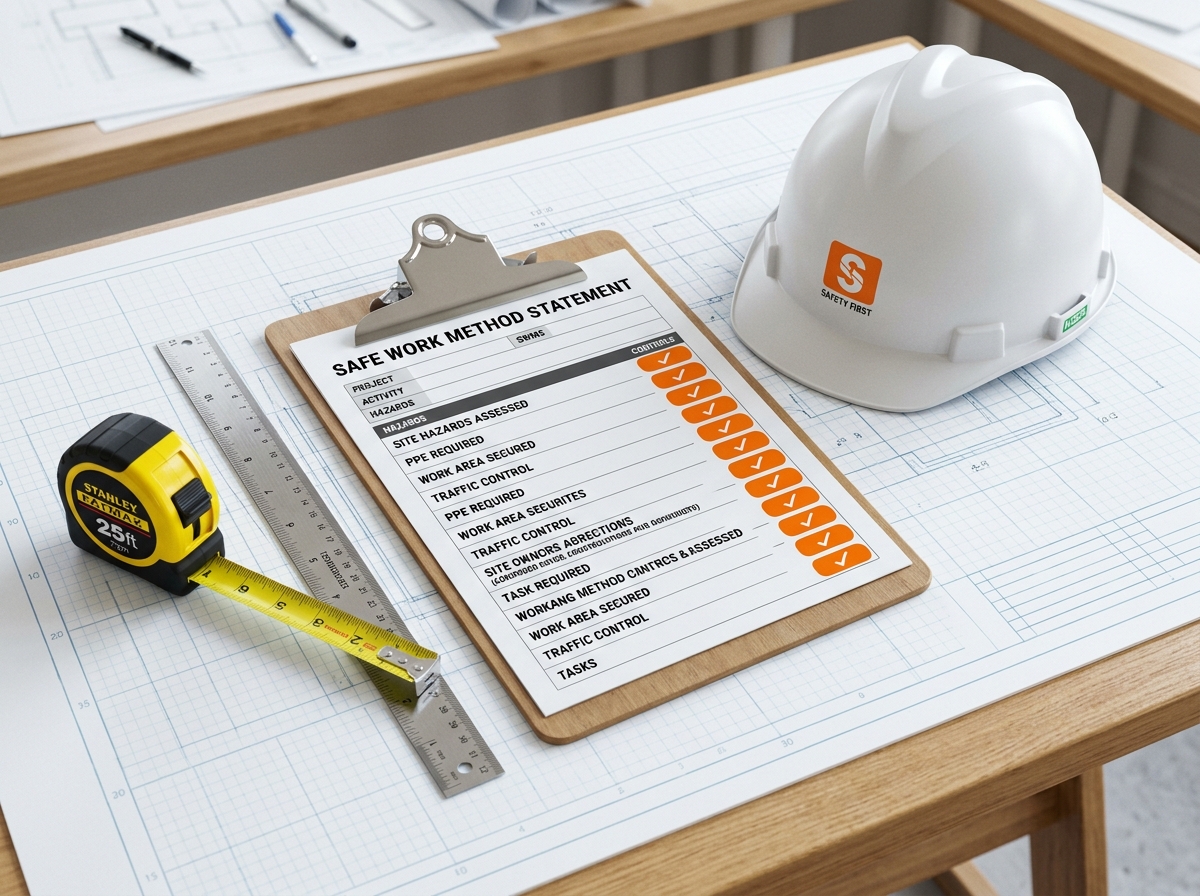 Site Safety Documentation Pack with Clipboard, Hardhat, and Blueprints
